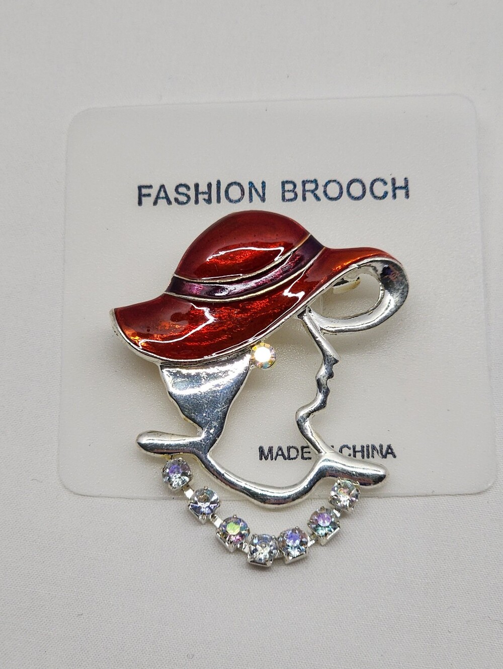 Vintage Red Hat Society Enamel Brooch with Rhinestones